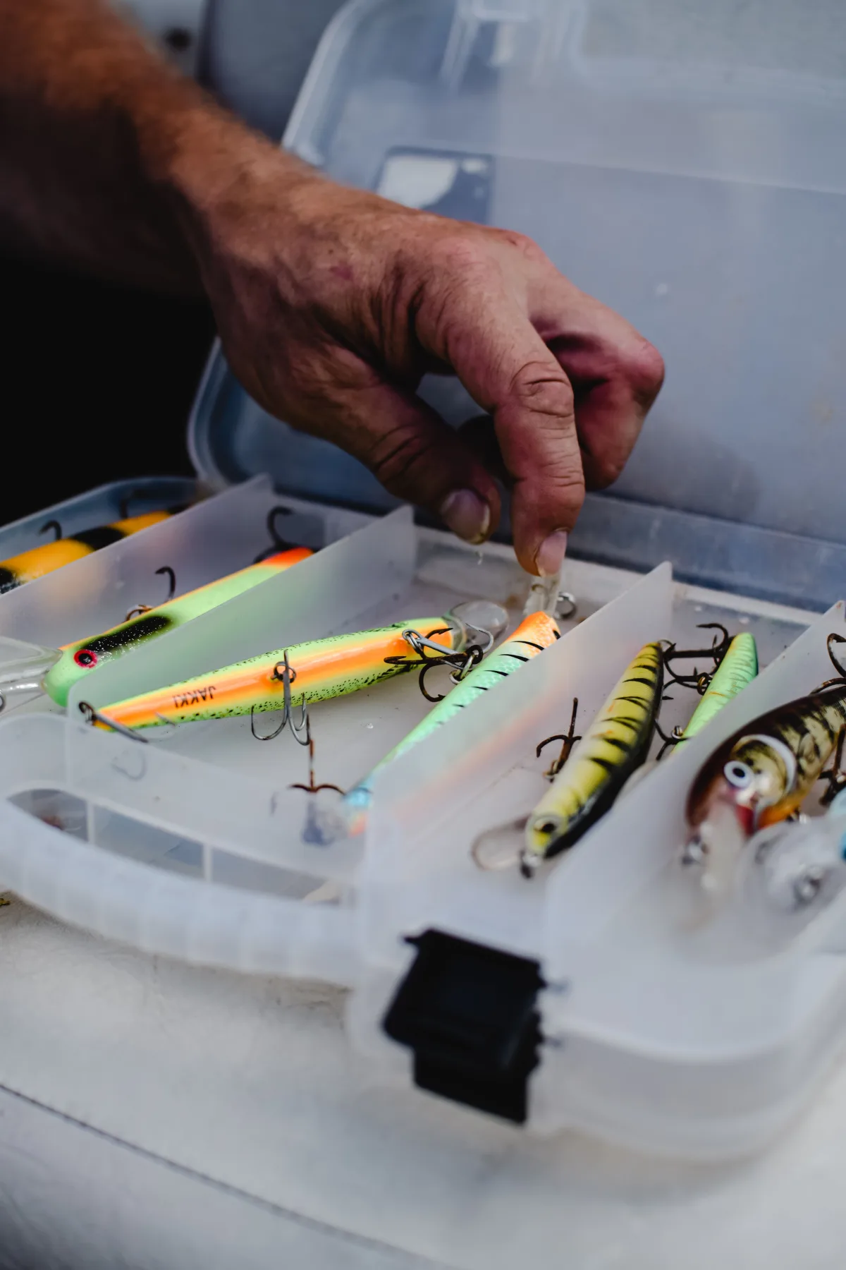 Trolling lures laid out before a day at sea